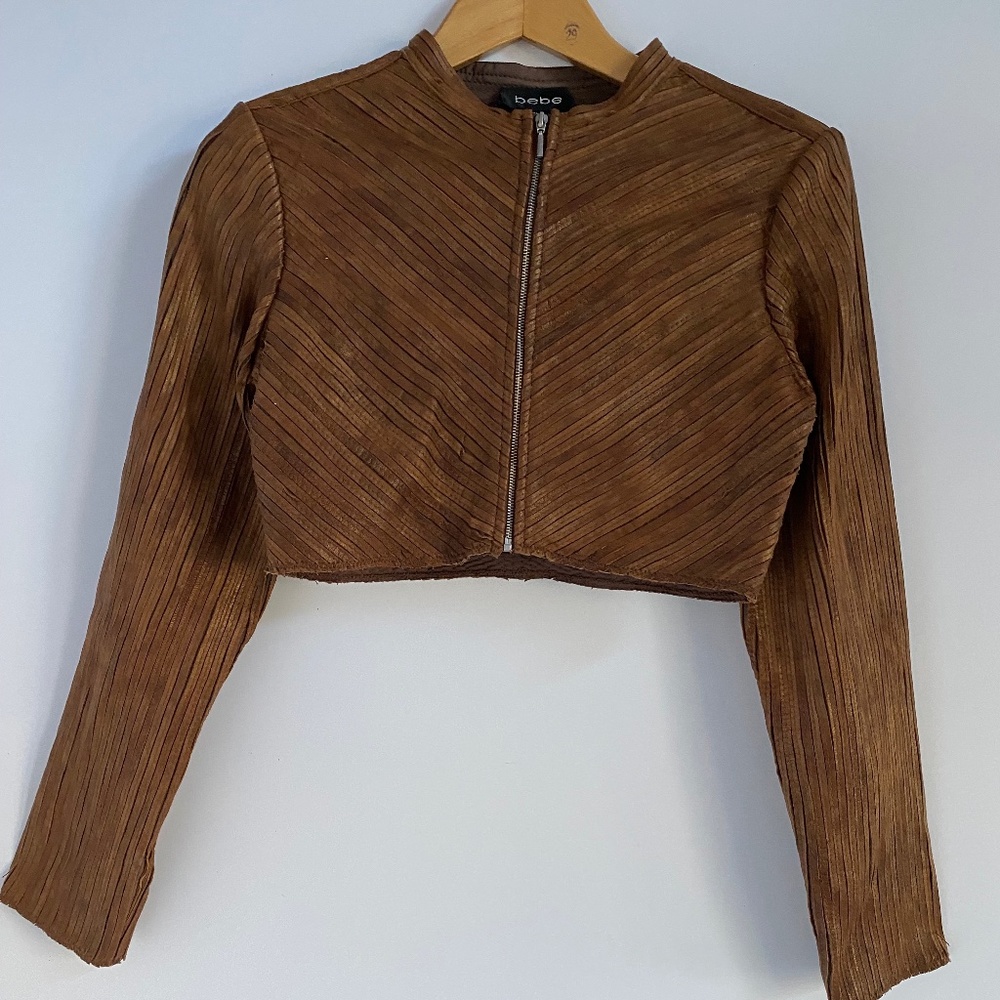 Bebe Cropped Moto Jacket Small Saddle Brown